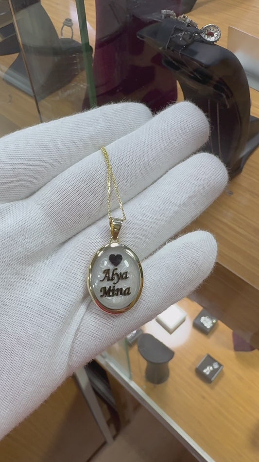 Çift taraflı 14 ayar altın diş ve saç madalyon kolye